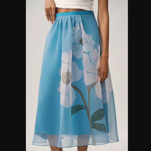 New M Farm Rio x Anthropologie Floral organza midi skirt in Blue Peony - Picture 2 of 9